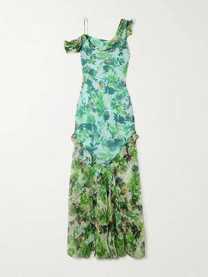 Aurohaya Exquisite Off-Shoulder Ruffle Floral Print Chiffon Maxi Dress