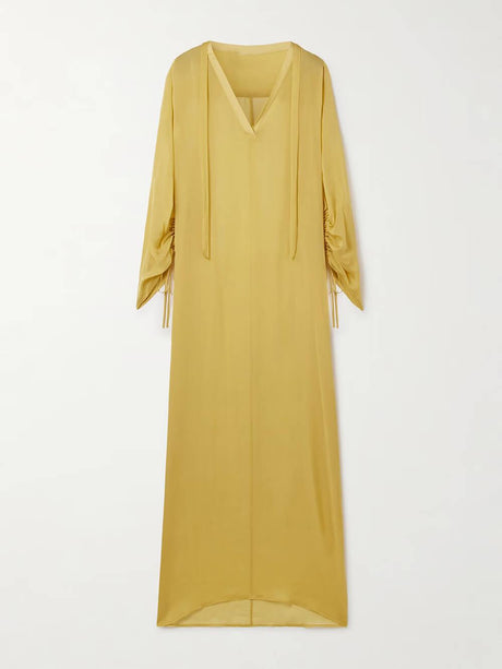 Aurohaya Casual Satin V-Neck Pleated Cuff Maxi Dress