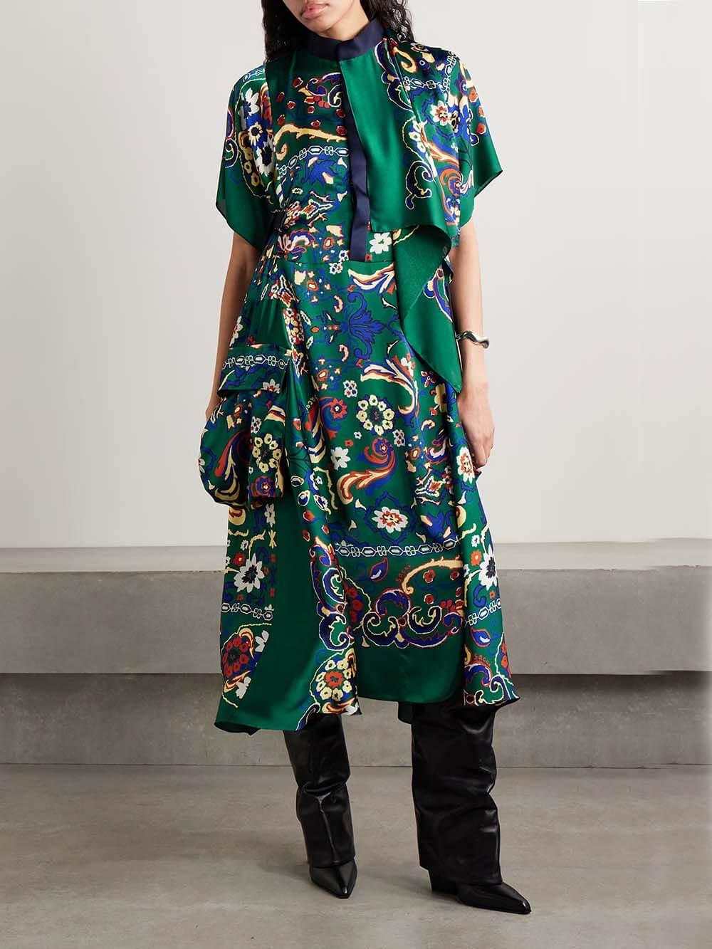 Aurohaya Unique Draped Print Satin Midi Dress