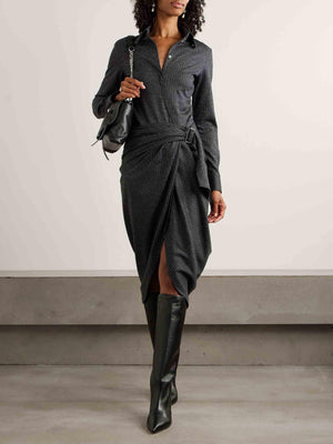 Aurohaya Exquisite Draped Pinstripe Wrap Midi Shirt Dress Dark Gray