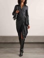 Aurohaya Exquisite Draped Pinstripe Wrap Midi Shirt Dress Dark Gray