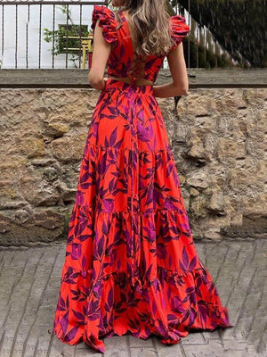Aurohaya Fashion Printed Flying Sleeve High Waist Maxi Dress