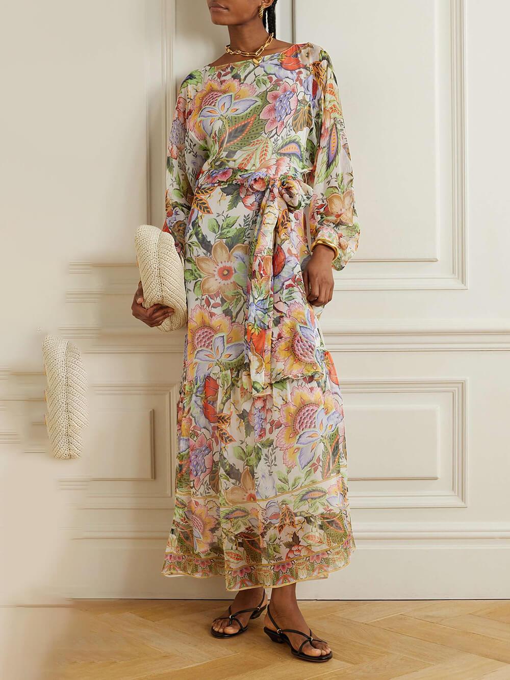 Aurohaya Exquisite Belted Floral-Print Chiffon Crepon Maxi Dress Multicolor
