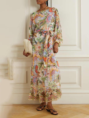 Aurohaya Exquisite Belted Floral-Print Chiffon Crepon Maxi Dress Multicolor