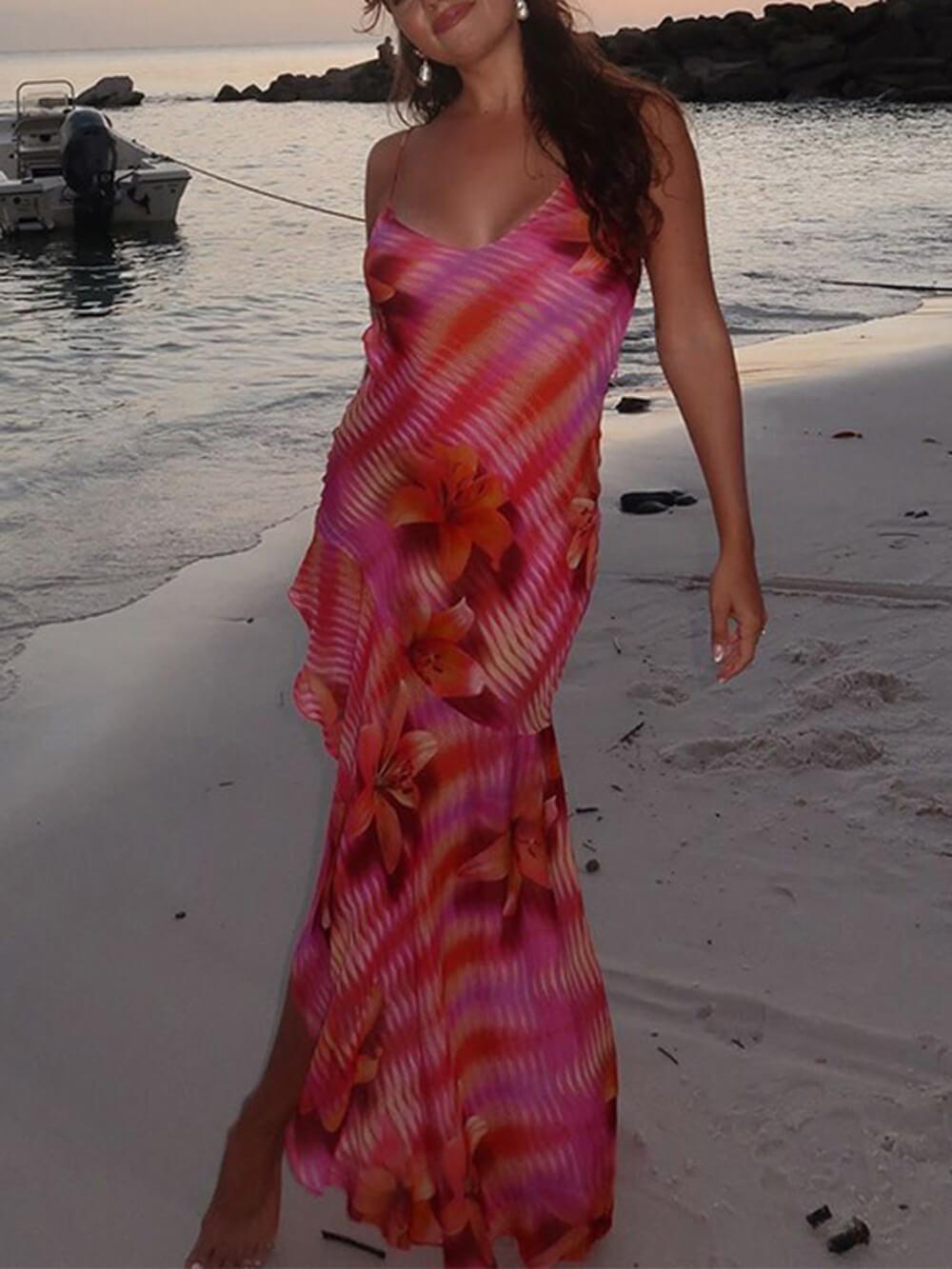 Aurohaya Elegant Printed Strappy Bodycon Silhouette Backless Slit Dress Pink