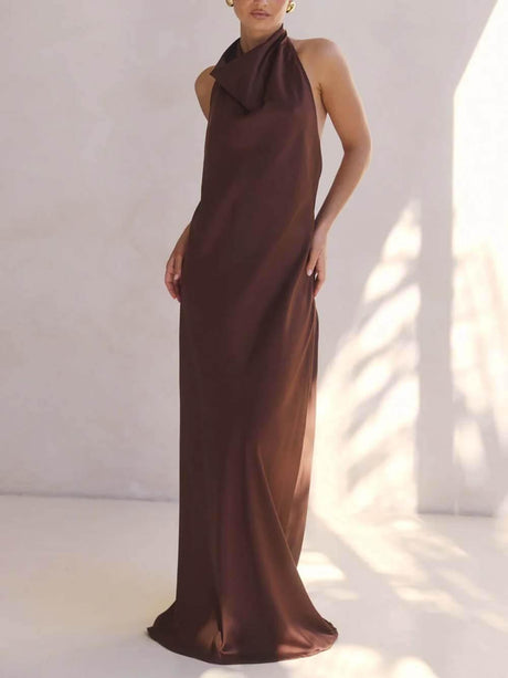 Aurohaya Elegant Halter Draped Neck Satin Backless Maxi Dress Chocolate