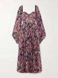 Exquisite Printed Metallic Pleated Chiffon Trumpet Sleeve Maxi Dress