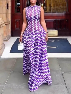 Aurohaya Unique Purple Zigzag Print Stretch Maxi Dress