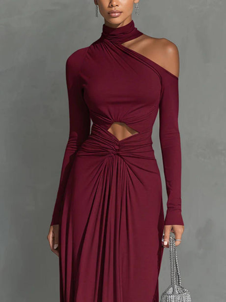 Aurohaya Exquisite One-Shoulder Cutout Pleated Maxi Dress