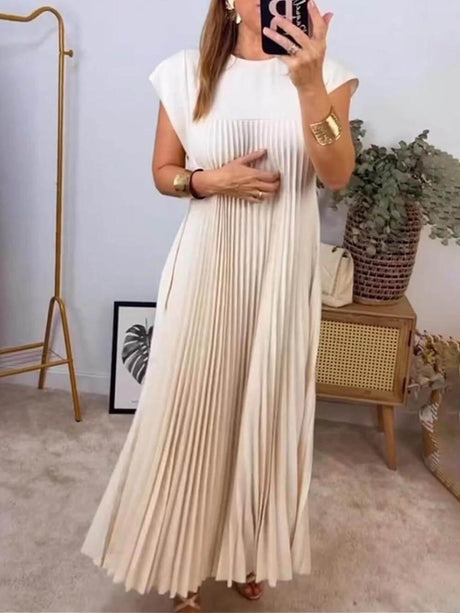 Aurohaya Elegant Stylish Sleeveless Pleated Maxi Dress Beige