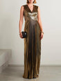 Aurohaya Elegant V-neck Gold Painted Pleated Maxi Dress Gold