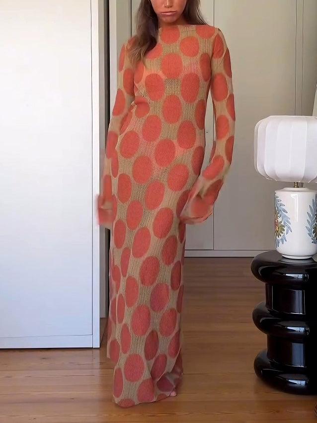 Aurohaya Elegant Polka Dot Print Slightly Sheer Open Back Maxi Dress