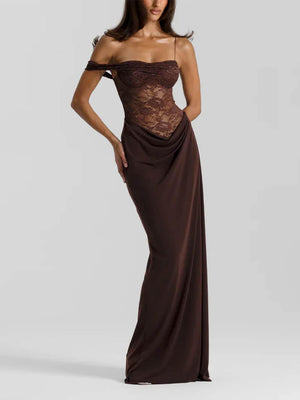 Aurohaya Sexy and Delicate Off-the-Shoulder Lace Panel Maxi Dress