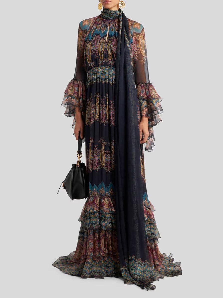 Aurohaya Elegant Retro Paisley Print Ruffle Tiered Maxi Dress Dark Blue