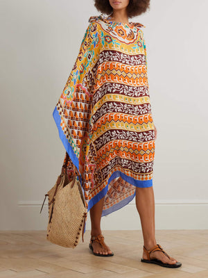 Aurohaya Unique Asymmetric Printed Satin Midi Dress Orange One Size