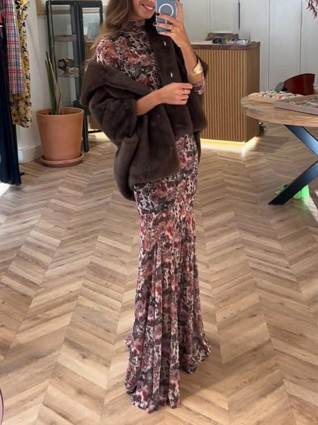 Aurohaya Elegant Floral Mesh Print Long-sleeved Maxi Dress