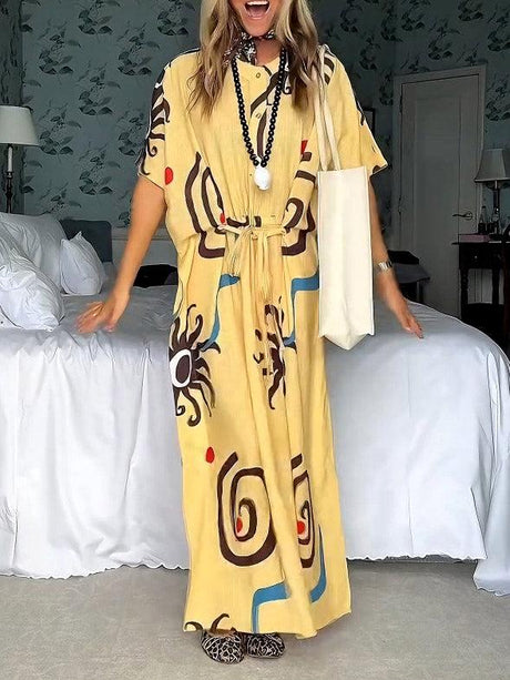 Aurohaya Unique Art Sun Floral Print Waist Tie Maxi Dress