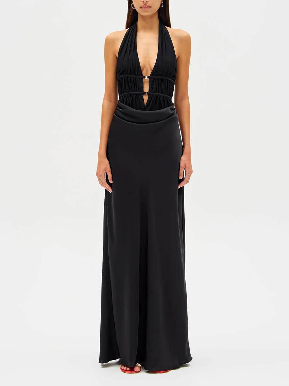 Aurohaya Elegant Mesh Ruched Satin Backless Maxi Dress Black