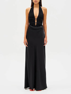 Aurohaya Elegant Mesh Ruched Satin Backless Maxi Dress Black