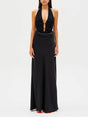 Aurohaya Elegant Mesh Ruched Satin Backless Maxi Dress Black