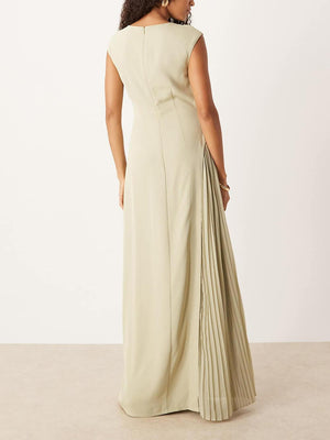Aurohaya Exquisite Cap Sleeve Pleated Maxi Dress