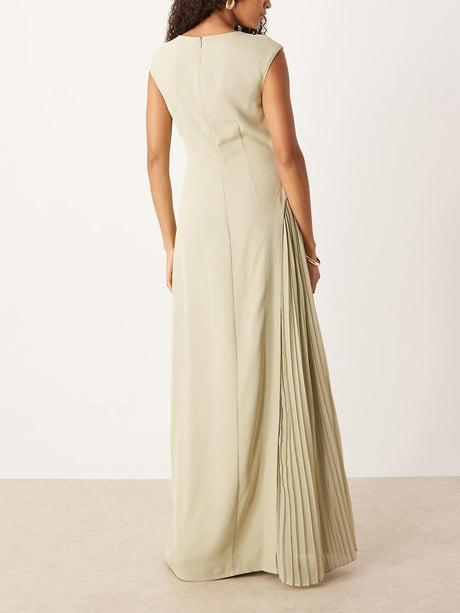 Aurohaya Exquisite Cap Sleeve Pleated Maxi Dress
