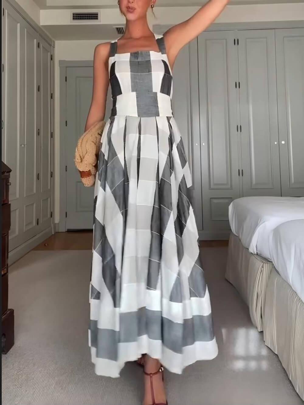 Aurohaya Classic Casual Plaid Print Pleated A-Line Maxi Dress