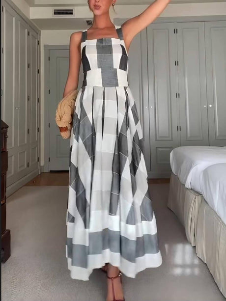 Aurohaya Classic Casual Plaid Print Pleated A-Line Maxi Dress