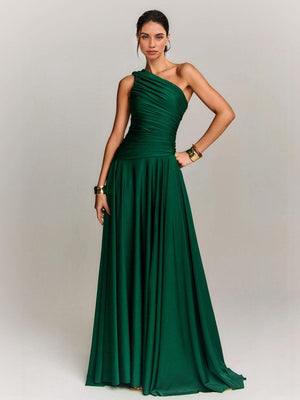 Aurohaya Elegant Draped One Shoulder Cocktail Maxi Dress Dark Green