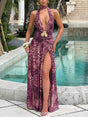 Aurohaya Elegant V-Neck Abstract Phalaenopsis Print Maxi Dress Purple