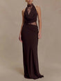 Aurohaya Bérénice Halter Neck Lace Maxi Dress Brown