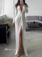 Aurohaya Elegant V-neck Knotted Slit Long-sleeved Knitted Maxi Dress White