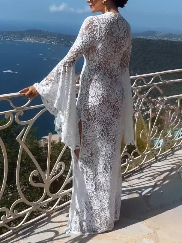 Aurohaya Elegant Lace Bell Sleeve Maxi Dress