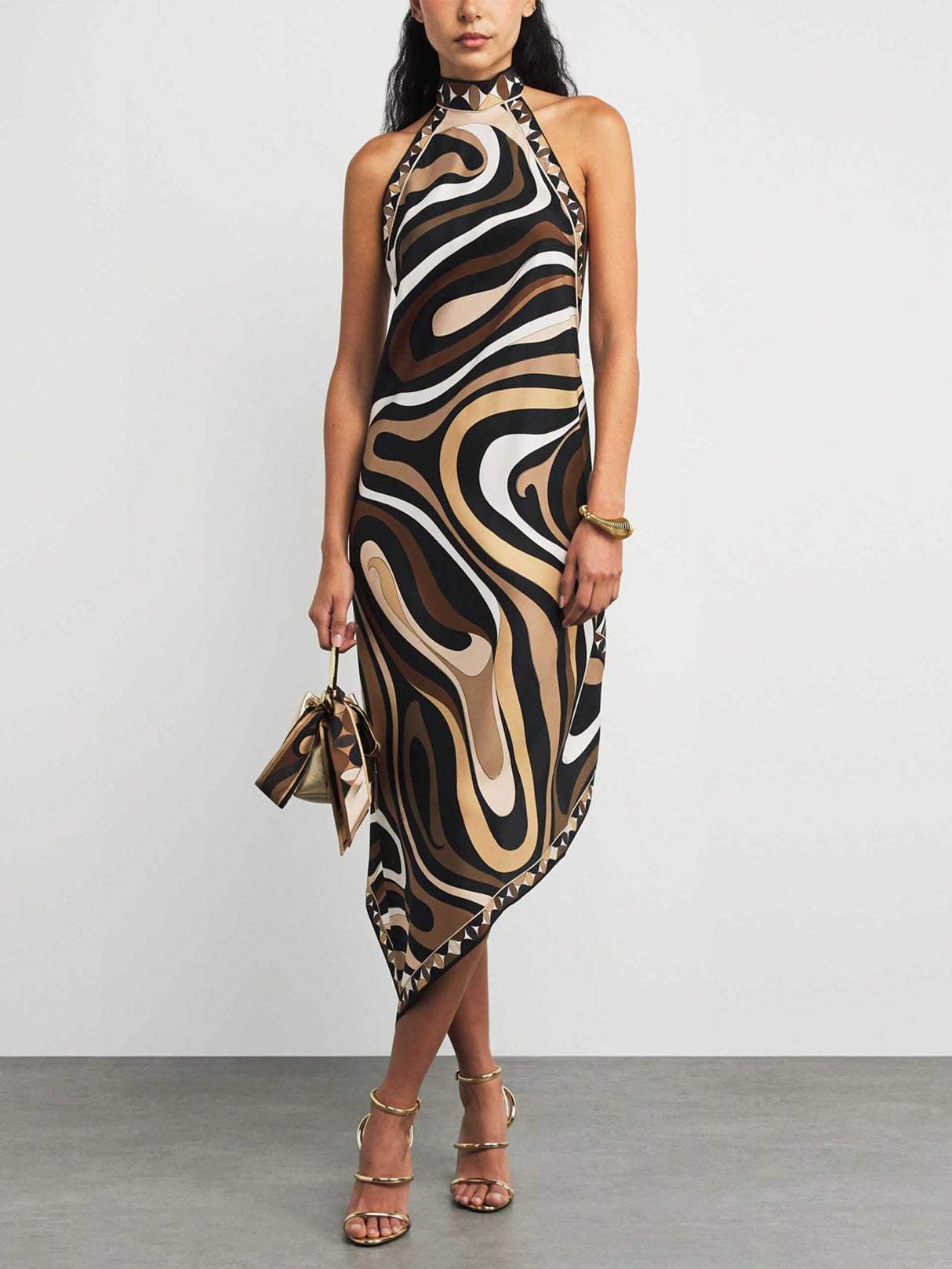 Aurohaya Exquisite Satin Irregular Print Halterneck Midi Dress Brown