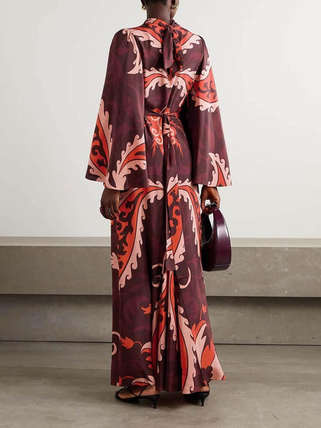 Aurohaya Unique Vintage Paisley Print Satin Belted Maxi Dress
