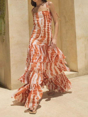 Aurohaya Exquisite Tie-dye Floral Print Lace-up Split Maxi Dress