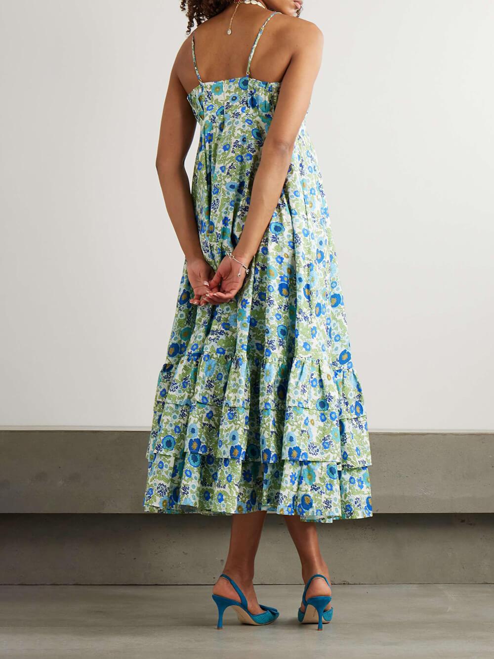 Aurohaya Delicate Layered Ruffled Floral Print Halter Midi Dress