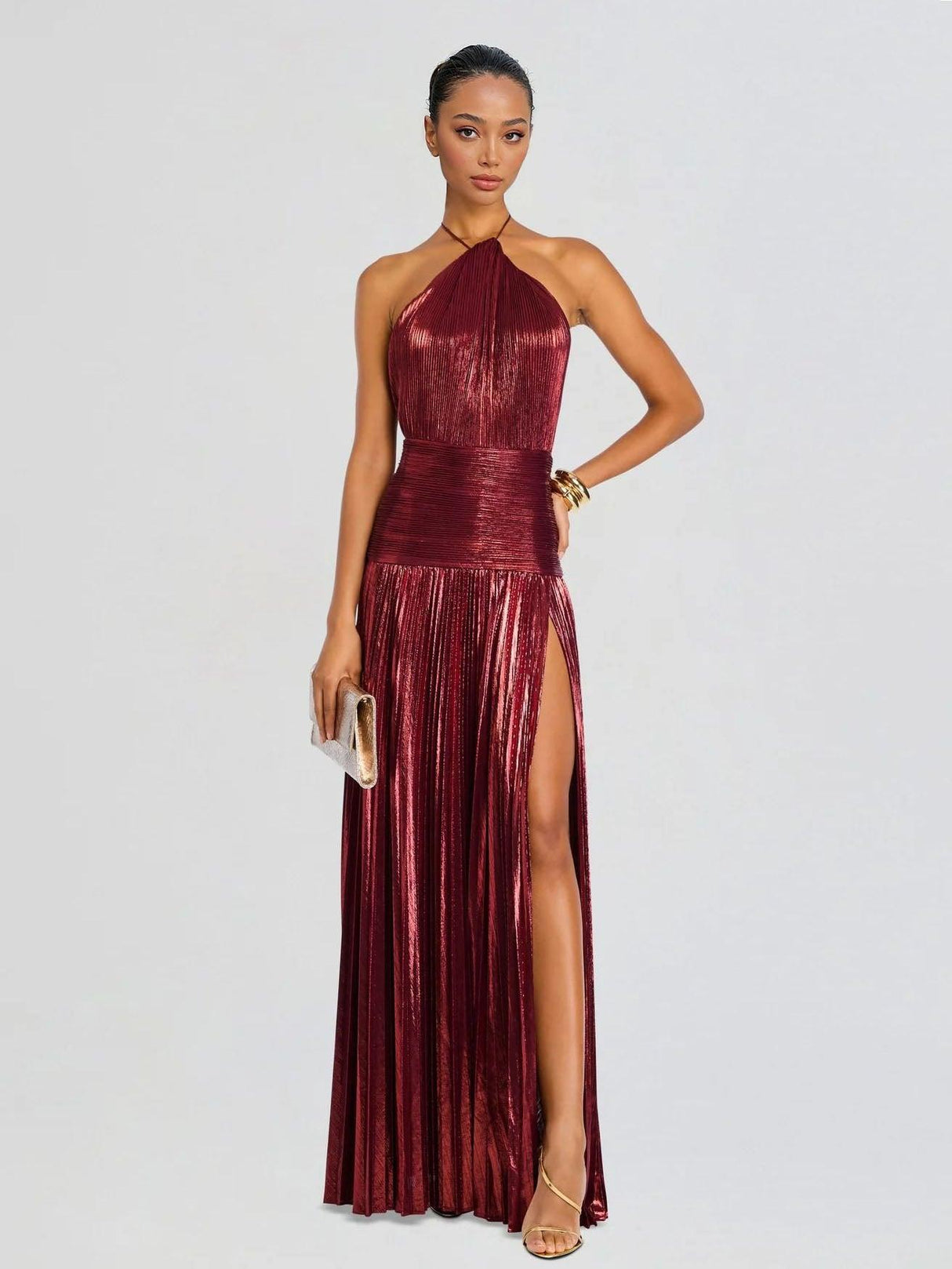 Aurohaya Elegant Metallic Pleated Halter Neck Maxi Dress Red