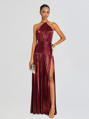 Aurohaya Elegant Metallic Pleated Halter Neck Maxi Dress Red
