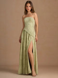 Elegant Strapless Slit Pleated Maxi Dress