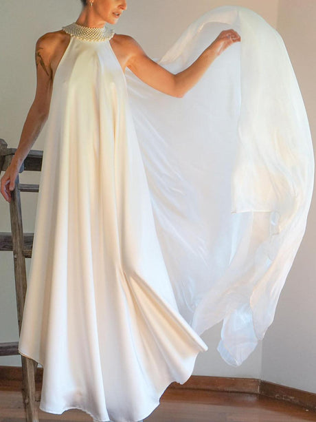 Aurohaya Elegant Pearl Embellished Halterneck Satin Flowy Maxi Dress White