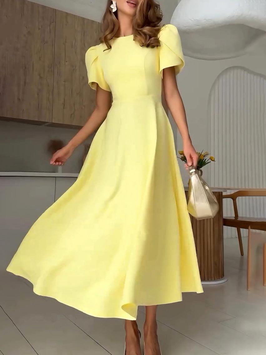 Aurohaya Elegant High-neck Bud Sleeve Midi Dress Yellow