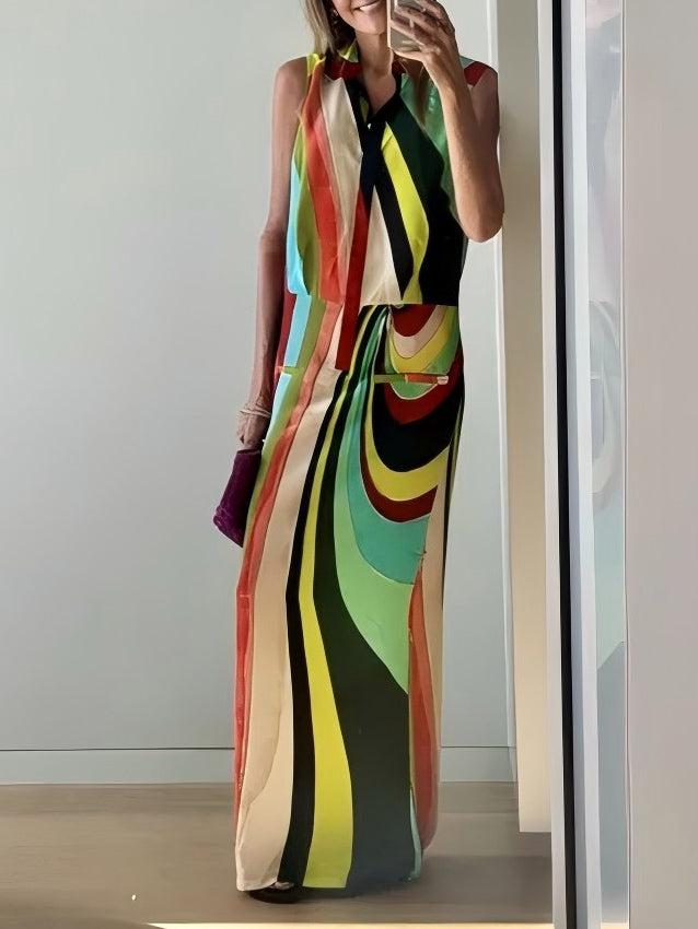 Aurohaya Unique Painted Irregular Stripes Sleeveless Maxi Dress