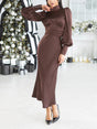 Aurohaya Elegant Satin High-neck Puff-sleeve Maxi Dress Brown