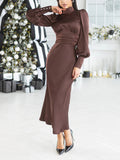 Elegant Satin High-neck Puff-sleeve Maxi Dress