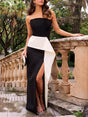 Aurohaya Exquisite Strapless Two-Tone Split Party Maxi Dress Black