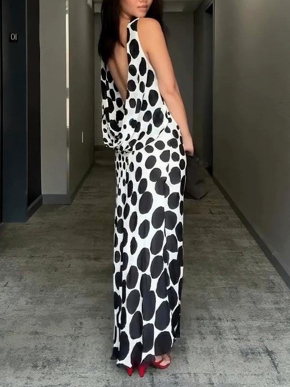 Aurohaya Elegant Gradient Polka Dot Print Backless Maxi Dress