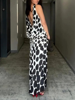 Aurohaya Elegant Gradient Polka Dot Print Backless Maxi Dress