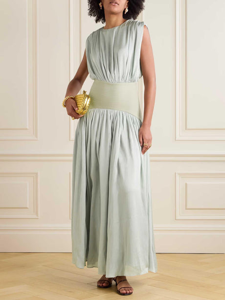Aurohaya Elegant Wide Belted Pleated Sleeveless Maxi Dress Green