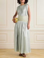 Aurohaya Elegant Wide Belted Pleated Sleeveless Maxi Dress Green